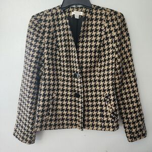 Coldwater Creek Womens Size 4-6 Tan Black Houndstooth Button Front Blazer Jacket